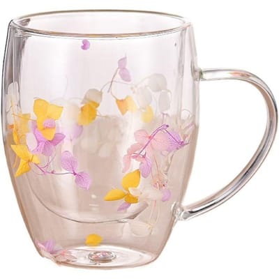 Tasses en Verre à Double Paroi Design Créatif Isolantes Résistantes à la Chaleur Transparentes Mug à Café Fleurie Éclat de Couleurs Nouveauté Tasse à Thé Cappuccino