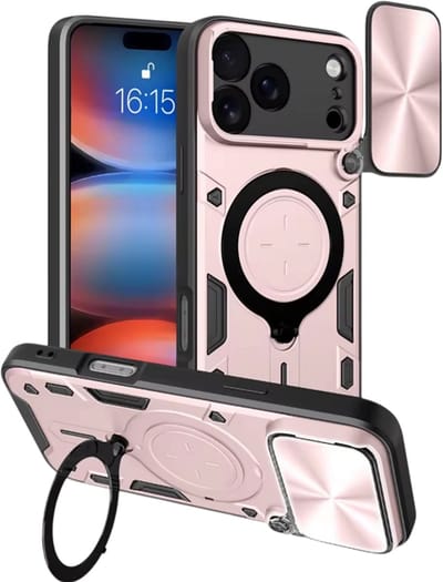 Beschermhoes geschikt voor iPhone 17 – Extra Sterk Shockproof – Met Ringhouder & Magnetische Autohouder - Roségoud
