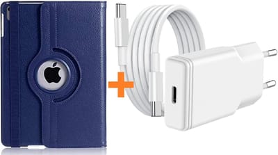 Hoes geschikt voor iPad 2025 hoes Donker Blauw -iPad A16 hoes 11th Generation 11 Inch 2025 draaibare bookcase 360° Case met USB C Adapter - USB C oplader- Slim Snellader 20W Met USB C Kabel 1m - Ntech COMBI-SET