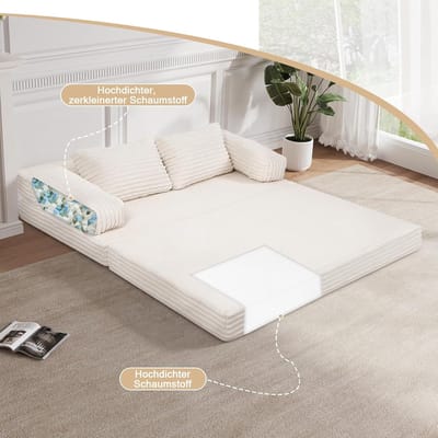Slaapbank 150x90x30 cm Opvouwbaar 3-in-1 – Compacte Logeerbank & Vloerbed met Kussens – Corduroy Stof & Hoogwaardig Schuim – Beige – Laura