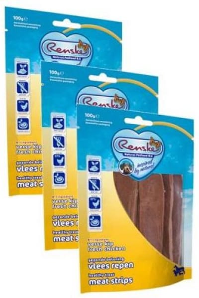 3x100 gr Renske gezonde beloning vlees strip kip hondensnack