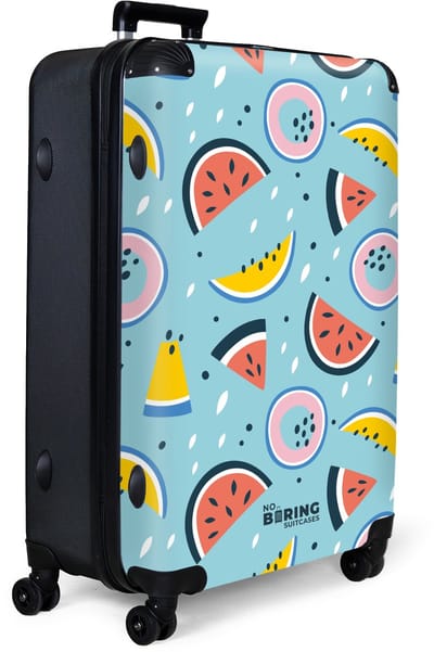 NoBoringSuitcases.com® - Koffer groot - Reiskoffer lichtgewicht - Watermeloenen en fruitpartjes op lichtblauw patroon - Rolkoffer met 4 wielen - Grote trolley XL - 98 liter bagage