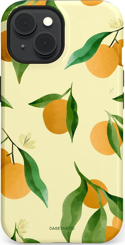 Casetastic Hoesje Geschikt voor Apple iPhone 15 Magsafe - Stijlvolle Beschermende Duo-layer Case - Bladrijke Sinaasappel