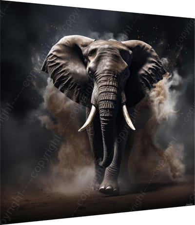 John Joseb Art (Canvas) 60x60 | Olifant, stof, zand, rook, in geschilderde stijl, kunst, woonkamer slaapkamer | dier, Afrika, vierkant, bruin, grijs, blauw, modern | Foto-Schilderij print (wanddecoratie) | KIES JE MAAT