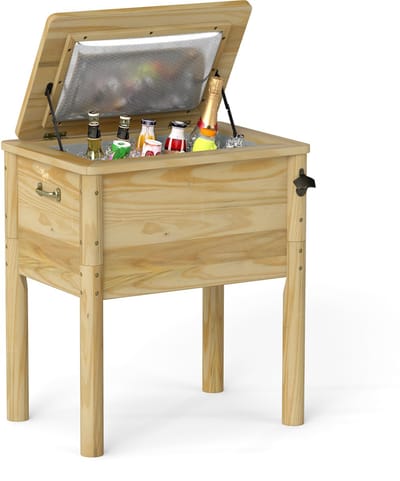 COSTWAY Drankkoeler, hout, 51 liter, outdoor terraskoeler met 3 handgrepen en flesopener, rustieke ijskast met afvoersluiting voor tuin, terras, zwembad, party, BBQ, cookouts, 67 x 47 x 74 cm