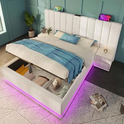 BLACK COLORS Bed 180×200 cm met opbergruimte Gestoffeerd tweepersoonsbed met opbergruimte met App Control LED en USB-C Bedframe PU Wit
