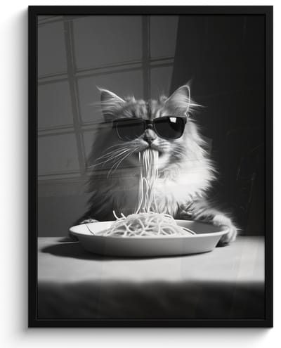 Poster in lijst - Fotolijst 50x70 cm - Posters - Langharige kat - Zonnebril - Spaghetti - Humor - Zwart - wit - Posterlijst zwart - Decoratie - Wanddecoratie woonkamer - Muurdecoratie slaapkamer