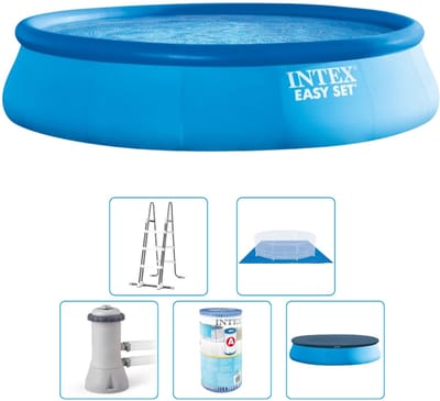 Intex Easy Set Zwembad - 457x107 cm - Rond - Opblaasbaar - Met pomp + accessoires - Zwembad - Filterpomp - Zwembadtrap - Grondzeil - Afdekzeil