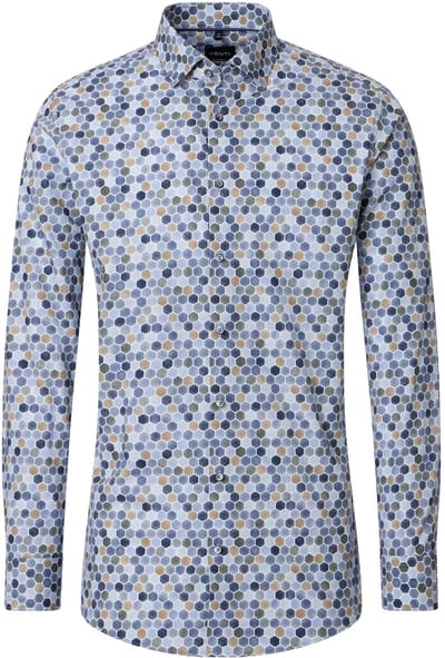 VENTI modern fit overhemd - popeline - licht- en donkerblauw met beige honingraat dessin - Strijkvrij - Boordmaat: 38