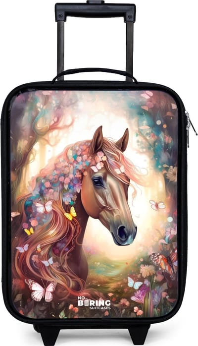 NoBoringSuitcases.com® - Kinderkoffer jongen - Kindertrolley meisje - Vlindermerrie - Koffer kind lichtgewicht - Reiskoffer trolley voor kinderen - Koffertje met lichtgevende wieltjes - Rolkoffer zwart