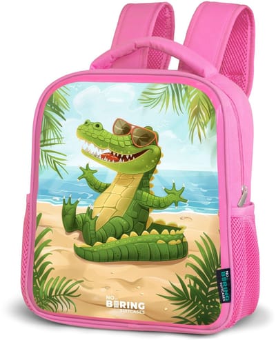 NoBoringSuitcases.com® - Rugzak roze - Schooltas meisjes - Krokodil met zonnebril ontspant op het strand - Kinder rugtas meisje - Boekentas kind - Kinderrugzak voor school - Schoolrugzak