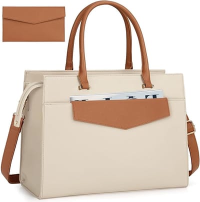 Famanu - Laptoptassen voor vrouwen 15,6 inch, dames draagtas, synthetisch materiaal designer laptop handtas, grote werktas met envelop, clutch tas voor kantoor en school, Kleur: beige met bruin