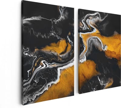 Artaza Canvas Schilderij Tweeluik Abstracte Kunst van Zwarte Gouden Verf - 80x60 - Foto Op Canvas - Canvas Print