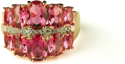 Brede zilveren ring roze goud verguld gezet met roze rode stenen en cubic zirconia