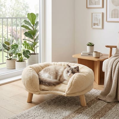 PHOEBE CAT Kattenbed - Kattenbank - Zacht pluche - Houten poten - Beige
