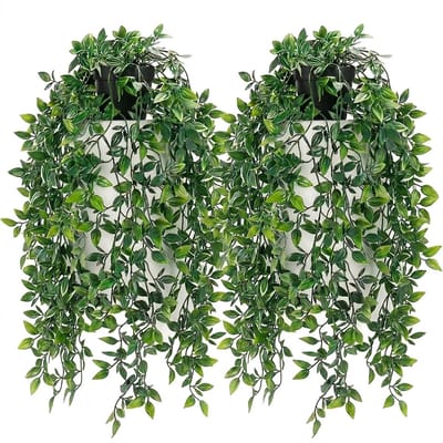 Groene hangende kunstplant kunstplanten set van 2 kunstmatige hangplanten met lange bladeren decoratie voor woonkamer slaapkamer kantoor en wandrek