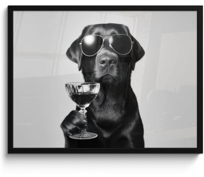 Poster in lijst - Fotolijst 70x50 cm - Posters - Hond - Zwart - Wijnglas - Zonnebril - Posterlijst zwart - Decoratie - Wanddecoratie woonkamer - Muurdecoratie slaapkamer