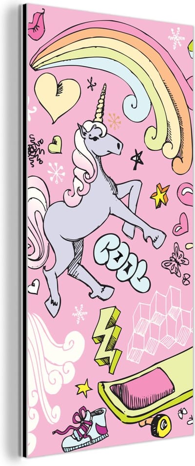 Wanddecoratie Metaal - Aluminium Schilderij Industrieel - Meisjes - Design - Unicorn - Regenboog - Roze - 80x160 cm - Dibond - Foto op aluminium - Industriële muurdecoratie - Voor de woonkamer/slaapkamer