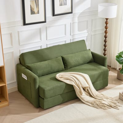 OKWISH Slaapbank 165 X 92 X 82 Cm - 2 In 1 Opklapbaar Bankbed Voor Kleine Ruimtes - Met Tijdschriftenvakken En Lendenkussens - Cordstof - Groen