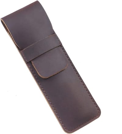 MK Stoer - Lederen pen en etui - Plooi in klep - Crazy Horse - Pennenhouder - Briefpapier - Geschikt voor merk - Bruin - Klein formaat - Vintage stijl