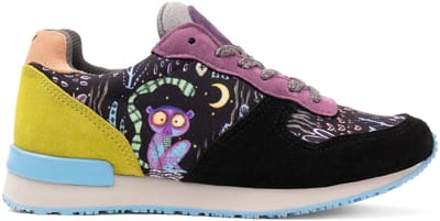 Inkkas Loomi dames sneaker – comfortabele suède sneaker met lemur-print – zwart/pastel, Maat 40