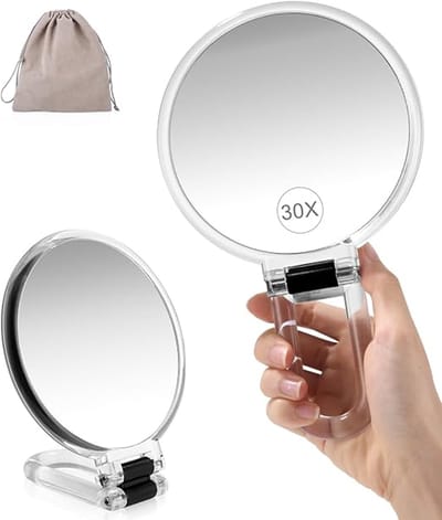 30X vergrootglas, dubbelzijdige handspiegel voor make-up, dubbelzijdige handspiegel voor vergrootglas, 360° verstelbare beugel, met 1 fluwelen tas, opvouwbare make-upspiegel voor badkamerreizen