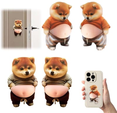 4 stuks deurstopperstickers, grappige Shiba Inu puppy met dikke buik, pvc-deurstopperstickers, 11 x 7 cm, meerkleurige opties