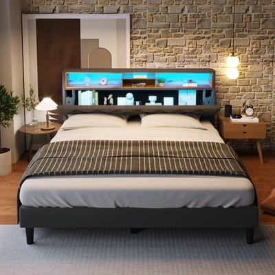 MEUNIQ tweepersoons bed 140x200 cm met opbergend hoofdbord, LED-verlichting en lattenbodem, gestoffeerd bedframe voor slaapkamer, grijs