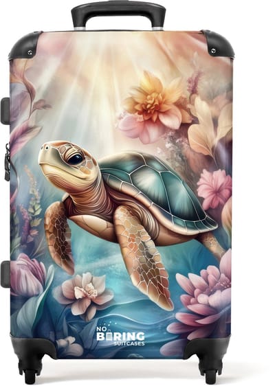 NoBoringSuitcases.com® - Kinderkoffer meisje - Kindertrolley meisjes - Zeeschildpad tussen bloemen onder water - Koffer kind groot - Rolkoffer lichtgewicht - Reiskoffer met 4 wielen - Grote trolley XL - 20 kg bagage