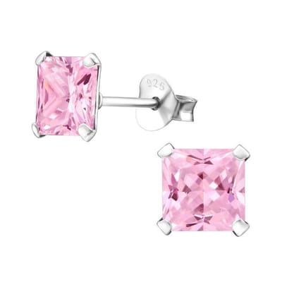 Aramat Jewels | Oorbellen | 925 Zilveren Vierkante Zirkonia Oorbellen 4-8mm - Princess Cut Studs | 6mm / Roze | | | Zilver | Kinderen, Volwassenen | Verkleurd niet