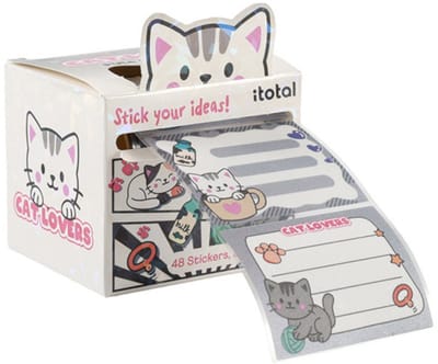 iTotal Assorted sticky label rolls “PULL OUT LABELS - CAT” | Labelrollen Klevervige notities Witte Kat 58x44mm 48 stickers/rol