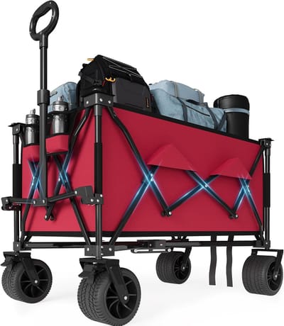 Opvouwbare Bolderkar 132cm - 350L Strandwagen met Rem & Bekerhouders - 210 kg Draagvermogen - All‑Terrain Strandkar voor Camping, Tuin & Vakantie - Zwart - Rood