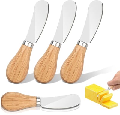 Kaas- en Botermes Set - Roestvrij Staal met Houten Handvat - 12,3 cm Messen - 4 Stuks - Voor Kaas, Boter en Jam