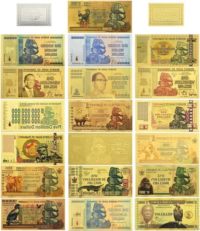 Zimbabwe Bankbiljetten Set - Gouden Folie Geld - Valuta Verzamelen - UV Reactieve Details - 19 Stuks - Goud