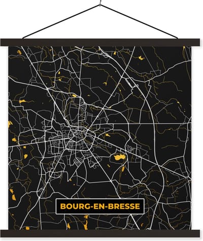 Posterhanger incl. Poster 60x60 cm - Schoolplaat - Kaart - Plattegrond - Frankrijk - Bourg-en-Bresse - Stadskaart - Textielposter - Zwarte latten - Stadskaart