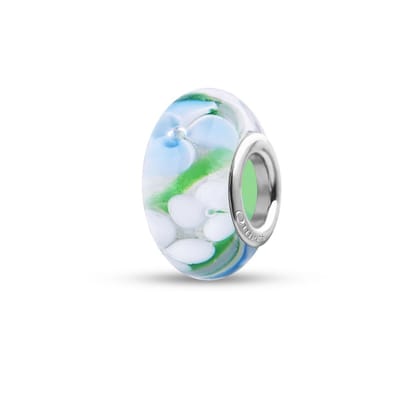 Quiges - Glazen - Kraal - Bedels - Beads Licht Groen met Witte en Blauwe Bloemen Past op alle bekende merken armband NG680
