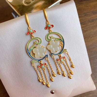Natuurlijke Hetian Witte Jade Bloemen Emaille Porselein Lange Oorbellen Chinese Hofstijl Retro Verguld Kwastje Dames Sieraden white