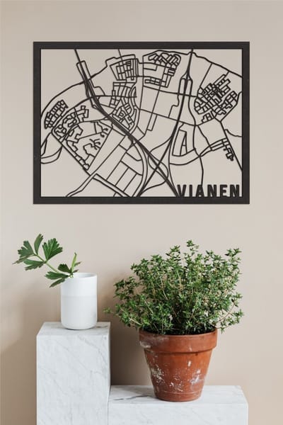 Houten Stadskaart Vianen Zwart Mdf 50x70cm Wanddecoratie Voor Aan De Muur City Shapes