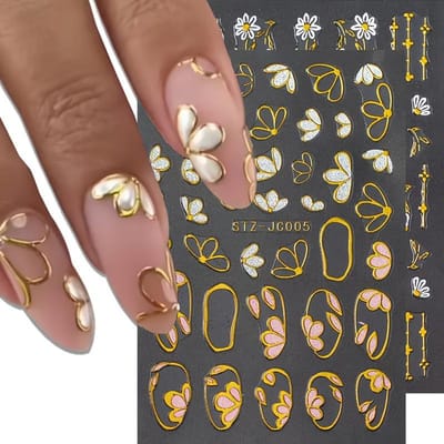 Stickers Nail Art Floraux en Feuille d'Or Style Doux Design Fleurs Roses et Blanches, Adhésif Vinyle pour Manucures Élégantes Accessoires Manucure DIY
