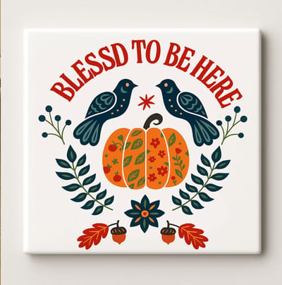 Keramische Herfst Tegel 15x15cm – “Blessed to Be Here” Pompoen & Vogels Ontwerp – Herfst Thanksgiving Muurdecoratie voor Huis