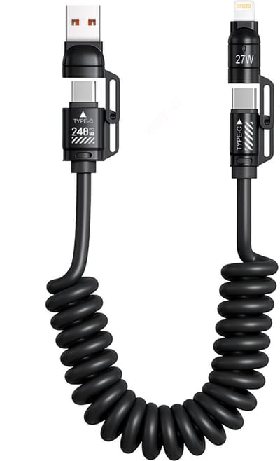 De Beste Gadgets 4-in-1 Oprolbare Oplaadkabel 240W – USB-C / USB-A / Lightning – Snellader PD 240W - Fast Charge - Geschikt voor iPhone, Android, Laptop – 150cm – Anti-klit Spiraalkabel - Zwart