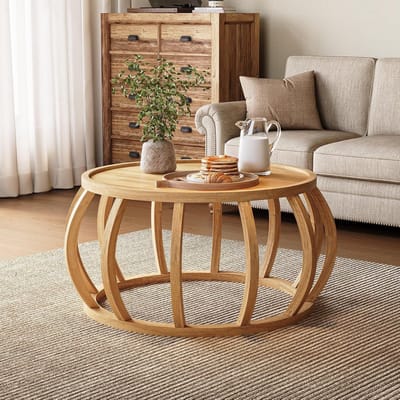 Tribesigns Massief Houten Salontafel - Ronde Tafel - 80 x 80 x 43 cm - met Gebogen Onderstel voor Woonkamer - Naturel