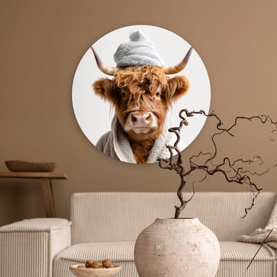 WallCircle® Wandcirkel 60x60 cm - Muurcirkel Schotse hooglander - Badjas - Koe - Dieren - Grappig - Muurdecoratie woonkamer - Wanddecoratie slaapkamer - Kamer decoratie accessoires - Ronde schilderijen - Woonaccessoires cirkel binnen