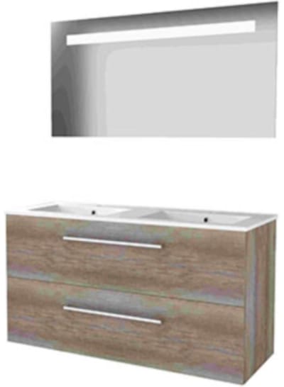 Basic-Line Economic 46 Badkamermeubelset - 120 x 46 cm - Met Grepen - 2 Lades - Keramische Wastafel - 2 Kraangaten - Spiegel met LED Verlichting - Scotch Oak