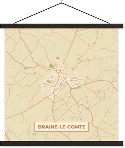 Posterhanger incl. Poster 60x60 cm - Schoolplaat - Vintage - Plattegrond - Kaart - Stadskaart - Braine-le-Comte - Textielposter - Zwarte latten - Stadskaart
