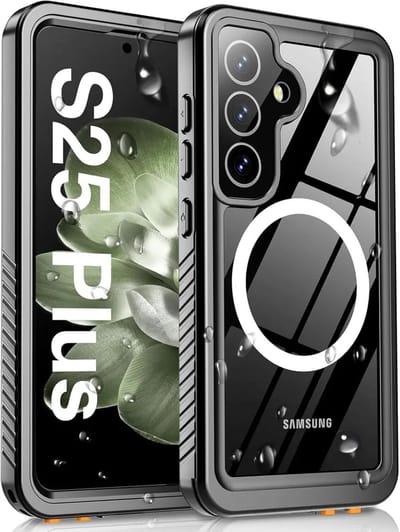 SBG Outdoor Case Waterdicht Hoesje geschikt voor Samsung Galaxy S25 Plus | Compatibel met MagSafe / Qi2 | Onderwater tot twee meter | Antislip greep | IP68-gecertificeerd | Transparant/Zwart