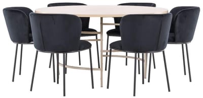 Copenhagen eethoek tafel Ø140cm en 6 stoelen whitewash, zwart.