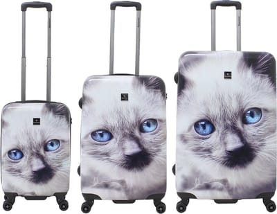 Saxoline Harde Kofferset 3-Delig / Reiskofferset / Trolleyset - White Cat Print - Bedrukt / Set