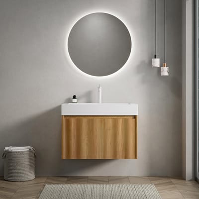 Pugsdrly 70 cm wandgemonteerde wastafel voor de badkamer met witte rechthoekige wasbak van gegoten kunststof, gestreepte multiplex kast met één lade, voorgemonteerd, natuurlijke houtnerfkleur
