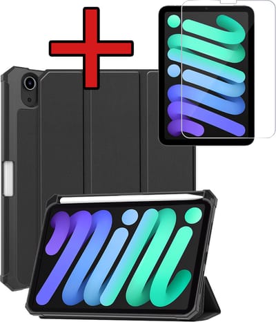 Hoesje - Geschikt voor Apple iPad Mini 7 (2024) - 8.3 inch - 7e Generatie - Met Screenprotector - Trifold Bookcase Hoes - Hard Cover Case - Met Uitsparing Geschikt voor Apple Pencil - Hardcover Book - Tablethoes - Zwart